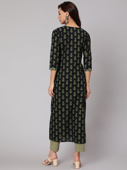 Women Blue Ethnic Printed Straight Kurta With Three Quarter Sleeves | LASVINI - Redefining Indian Fashion with Elegance