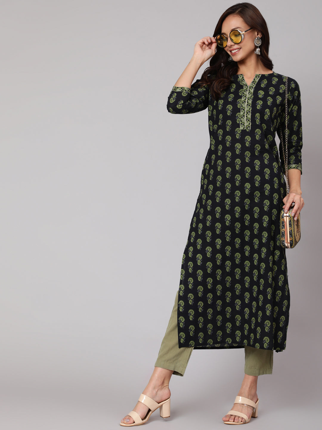 Women Blue Ethnic Printed Straight Kurta With Three Quarter Sleeves | LASVINI - Redefining Indian Fashion with Elegance