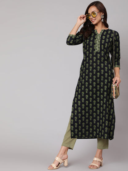 Women Blue Ethnic Printed Straight Kurta With Three Quarter Sleeves | LASVINI - Redefining Indian Fashion with Elegance
