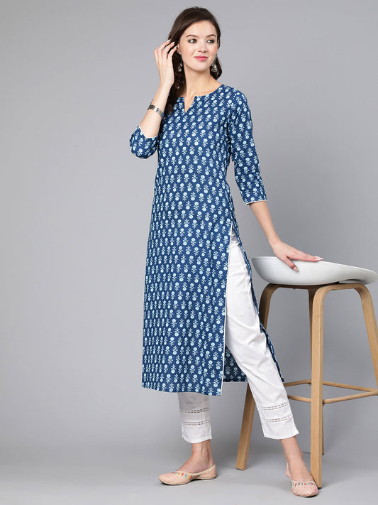 Women Blue Ethnic Printed Straight Kurta With Three Quarter Sleeves | LASVINI - Redefining Indian Fashion with Elegance