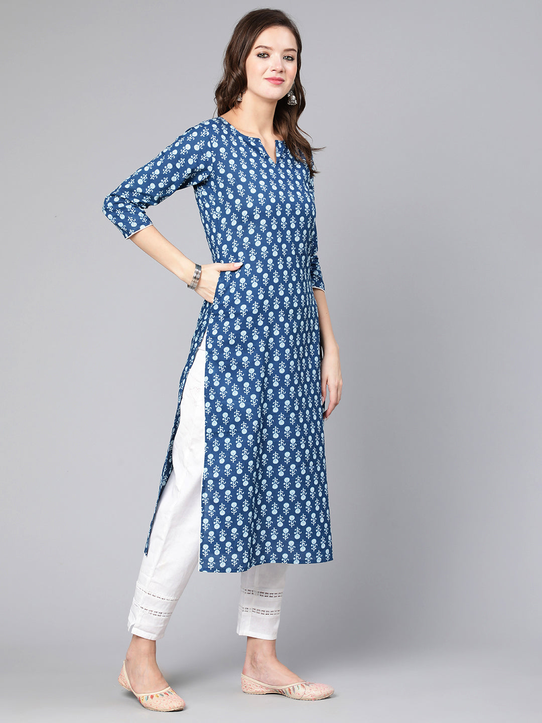 Women Blue Ethnic Printed Straight Kurta With Three Quarter Sleeves | LASVINI - Redefining Indian Fashion with Elegance