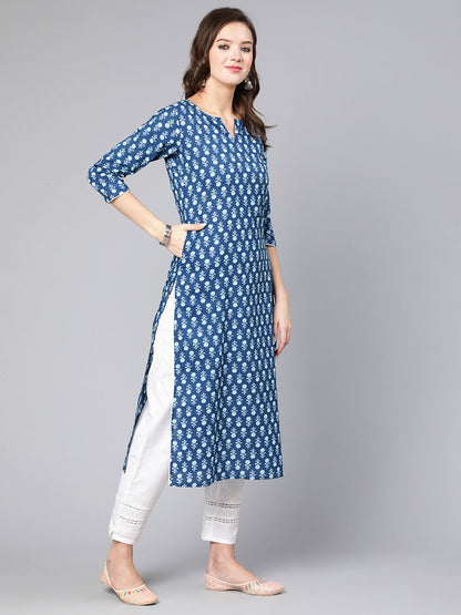 Women Blue Ethnic Printed Straight Kurta With Three Quarter Sleeves | LASVINI - Redefining Indian Fashion with Elegance