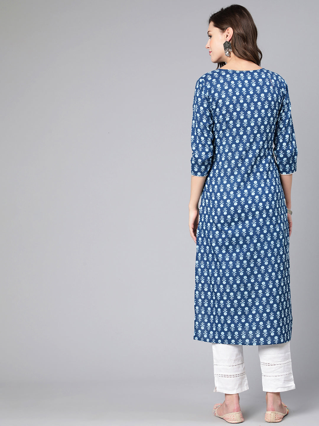 Women Blue Ethnic Printed Straight Kurta With Three Quarter Sleeves | LASVINI - Redefining Indian Fashion with Elegance