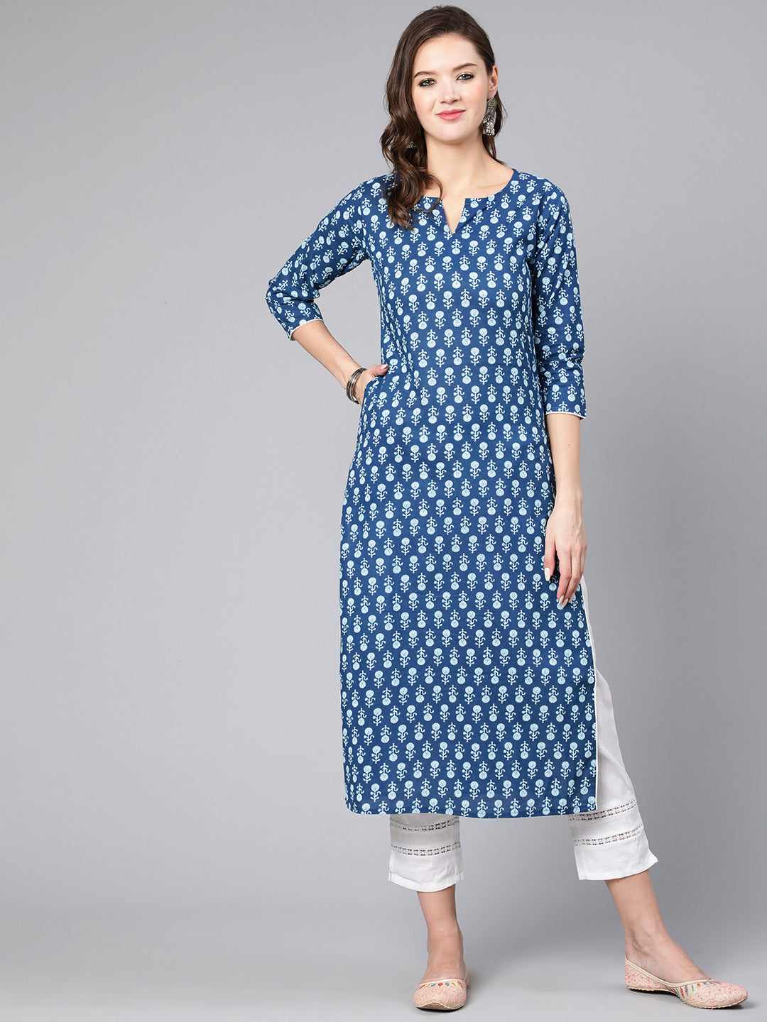 Women Blue Ethnic Printed Straight Kurta With Three Quarter Sleeves | LASVINI - Redefining Indian Fashion with Elegance