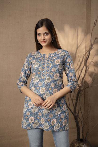 Women Blue Floral Printed Straight Tunic With Three Quarter Sleeves | LASVINI - Redefining Indian Fashion with Elegance