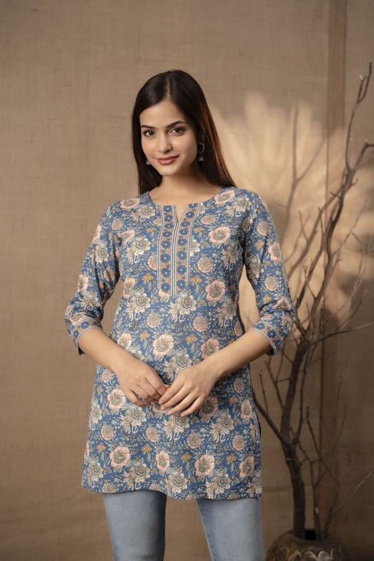 Women Blue Floral Printed Straight Tunic With Three Quarter Sleeves | LASVINI - Redefining Indian Fashion with Elegance