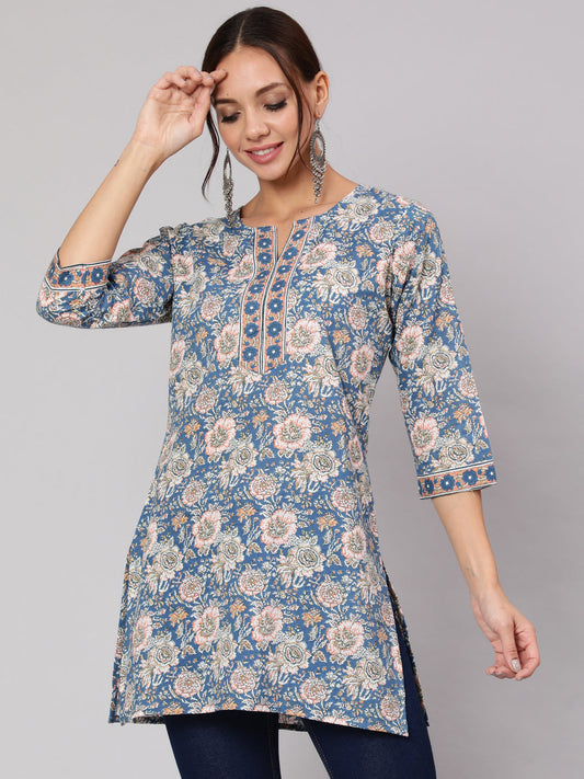 Women Blue & Pink Floral Printed Straight Tunic With Three Quarter Sleeves | LASVINI - Redefining Indian Fashion with Elegance