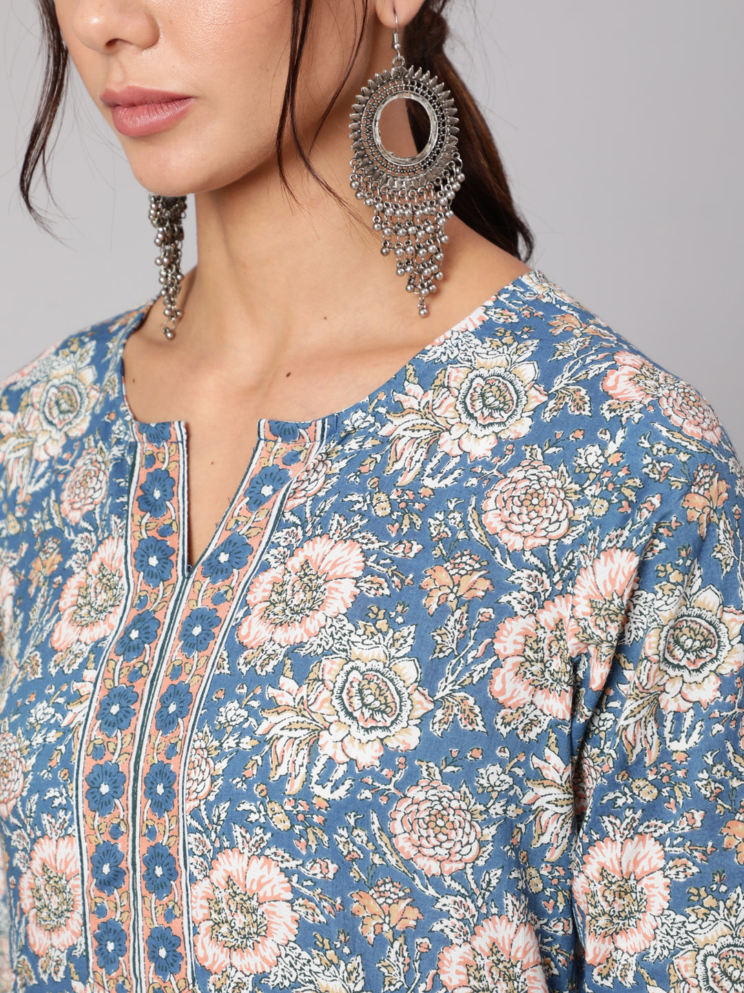 Women Blue & Pink Floral Printed Straight Tunic With Three Quarter Sleeves | LASVINI - Redefining Indian Fashion with Elegance
