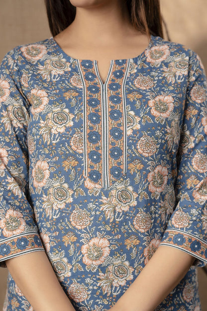 Women Blue Floral Printed Straight Tunic With Three Quarter Sleeves | LASVINI - Redefining Indian Fashion with Elegance