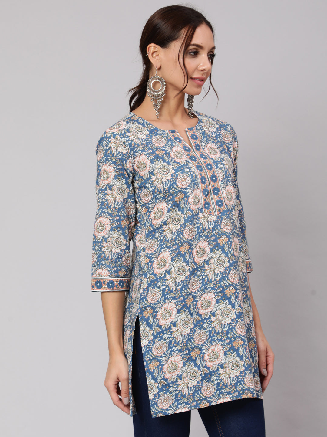 Women Blue & Pink Floral Printed Straight Tunic With Three Quarter Sleeves | LASVINI - Redefining Indian Fashion with Elegance
