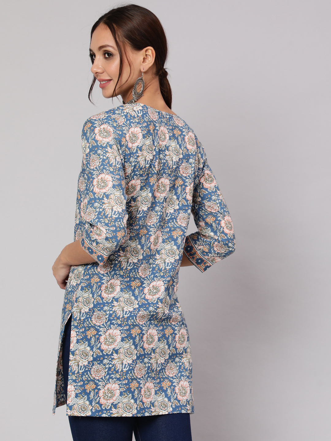 Women Blue & Pink Floral Printed Straight Tunic With Three Quarter Sleeves | LASVINI - Redefining Indian Fashion with Elegance
