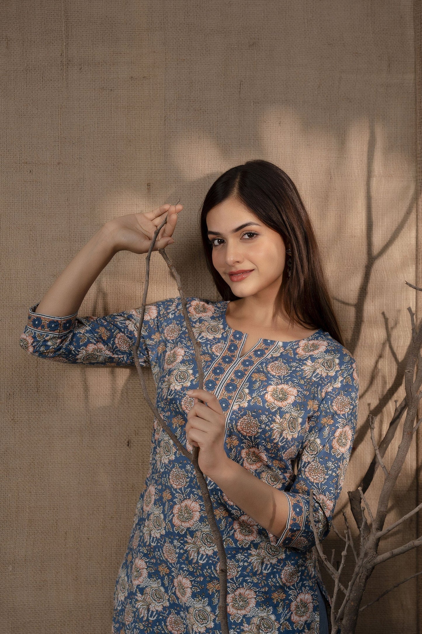 Women Blue Floral Printed Straight Tunic With Three Quarter Sleeves | LASVINI - Redefining Indian Fashion with Elegance