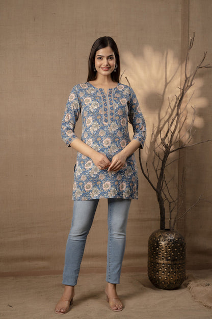 Women Blue Floral Printed Straight Tunic With Three Quarter Sleeves | LASVINI - Redefining Indian Fashion with Elegance