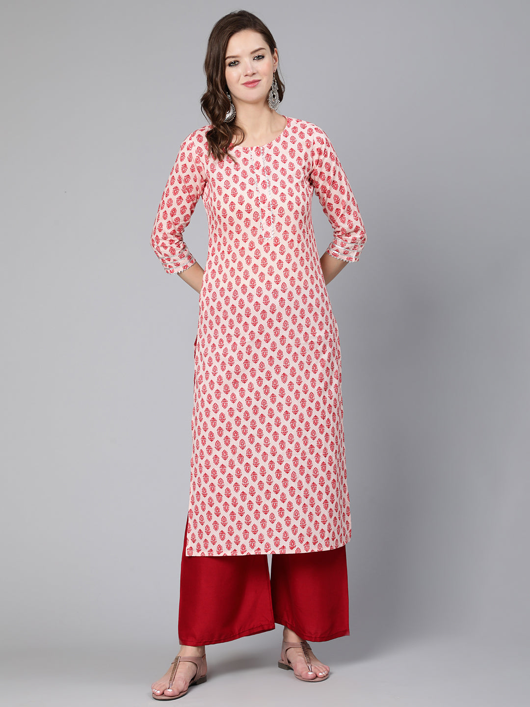 Women Pink Ethnic Printed Straight Kurta With Three Quarter Sleeves | LASVINI - Redefining Indian Fashion with Elegance