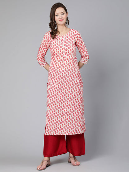 Women Pink Ethnic Printed Straight Kurta With Three Quarter Sleeves | LASVINI - Redefining Indian Fashion with Elegance