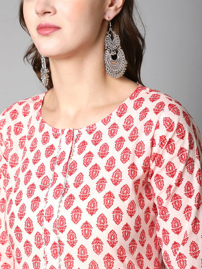 Women Pink Ethnic Printed Straight Kurta With Three Quarter Sleeves | LASVINI - Redefining Indian Fashion with Elegance