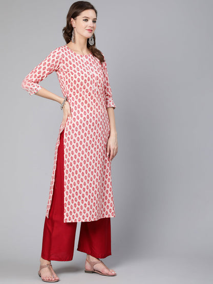 Women Pink Ethnic Printed Straight Kurta With Three Quarter Sleeves | LASVINI - Redefining Indian Fashion with Elegance
