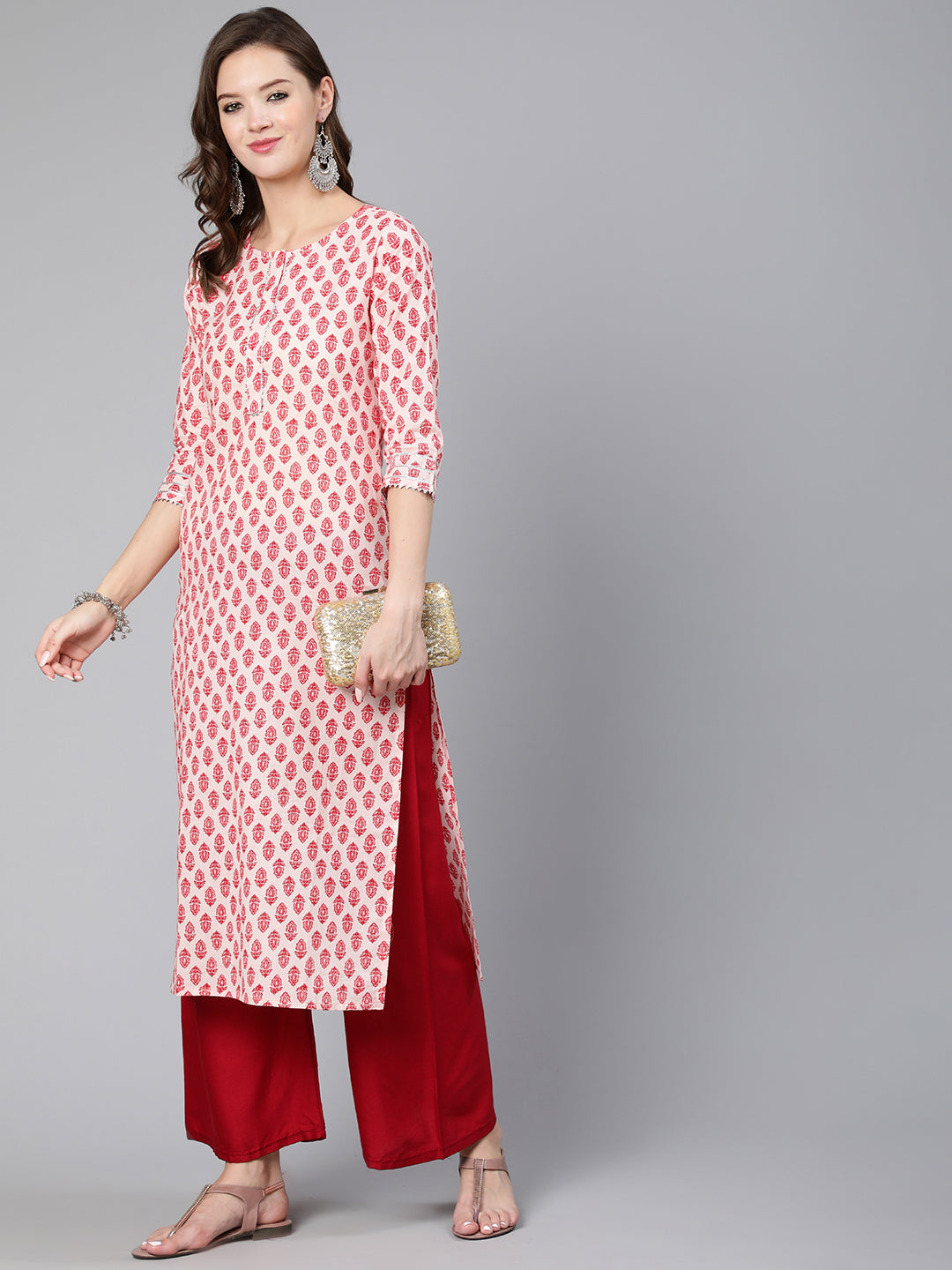 Women Pink Ethnic Printed Straight Kurta With Three Quarter Sleeves | LASVINI - Redefining Indian Fashion with Elegance