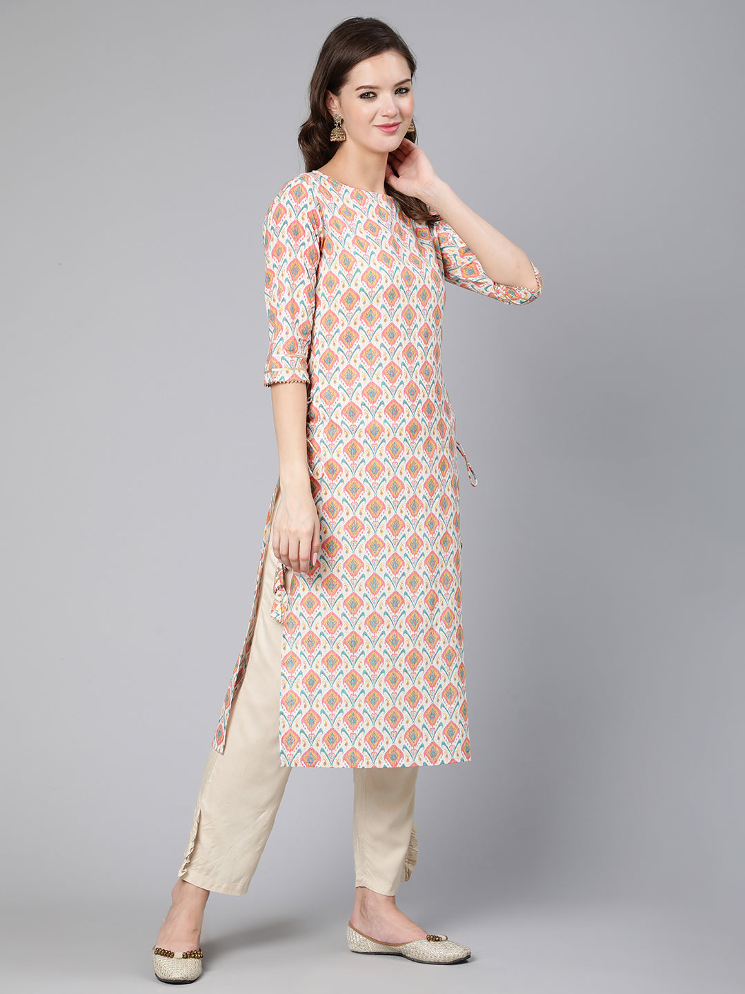 Women Multi Geometric Printed Straight Kurta With Three Quarter Sleeves | LASVINI - Redefining Indian Fashion with Elegance