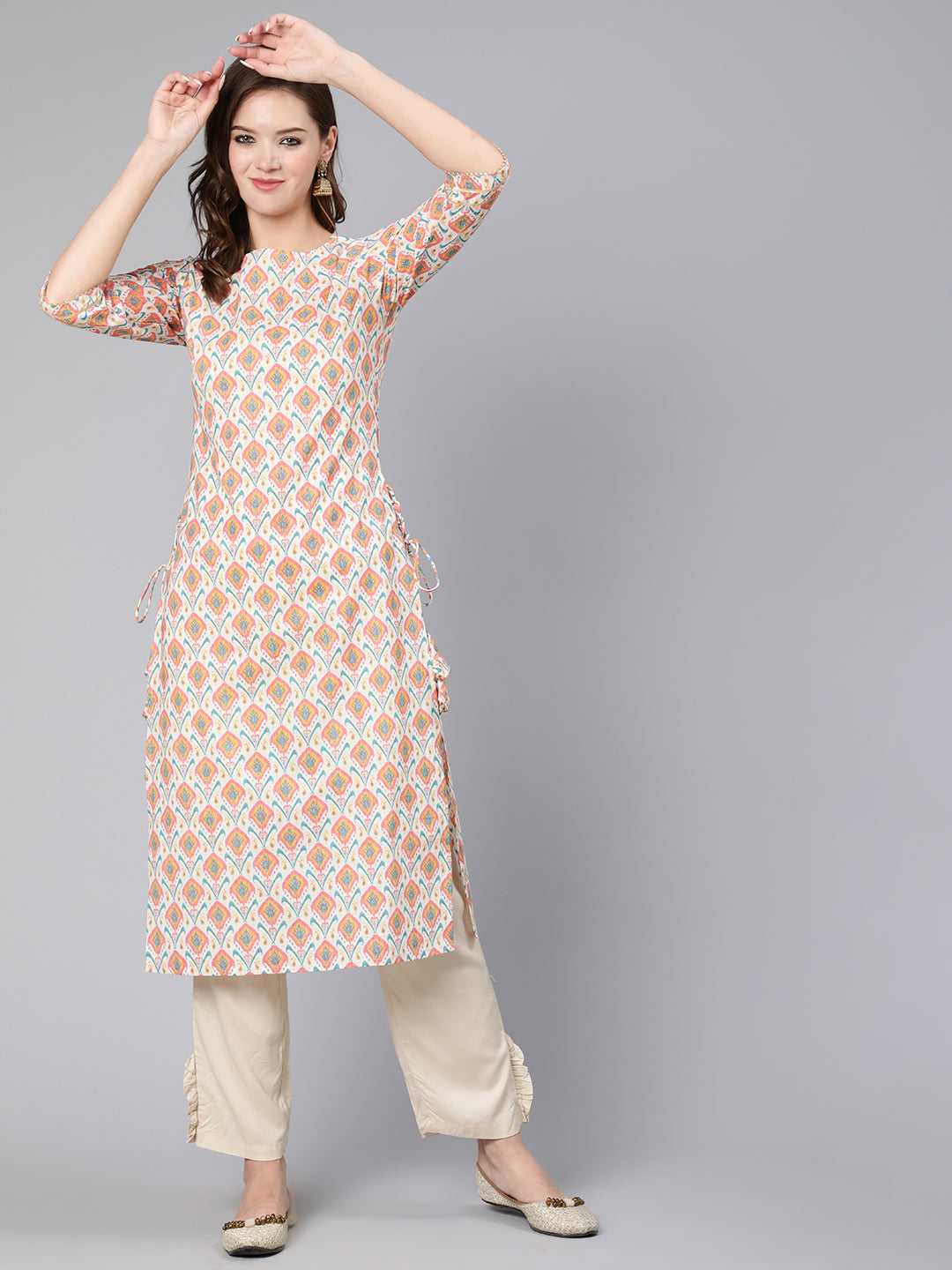 Women Multi Geometric Printed Straight Kurta With Three Quarter Sleeves | LASVINI - Redefining Indian Fashion with Elegance