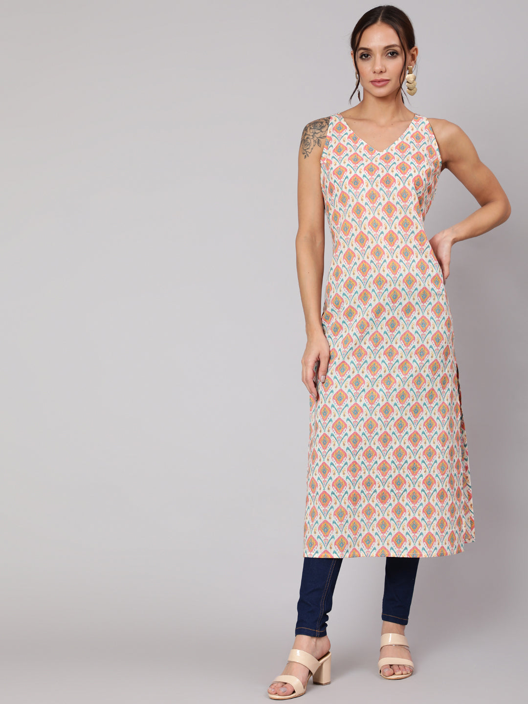 Women Multi Geometric Printed Straight Sleeveless Kurta With V-Neck | LASVINI - Redefining Indian Fashion with Elegance
