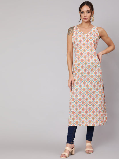 Women Multi Geometric Printed Straight Sleeveless Kurta With V-Neck | LASVINI - Redefining Indian Fashion with Elegance