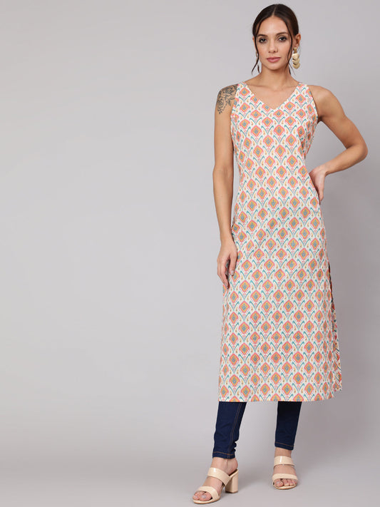 Women Multi Geometric Printed Straight Sleeveless Kurta With V-Neck | LASVINI - Redefining Indian Fashion with Elegance