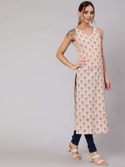 Women Multi Geometric Printed Straight Sleeveless Kurta With V-Neck | LASVINI - Redefining Indian Fashion with Elegance