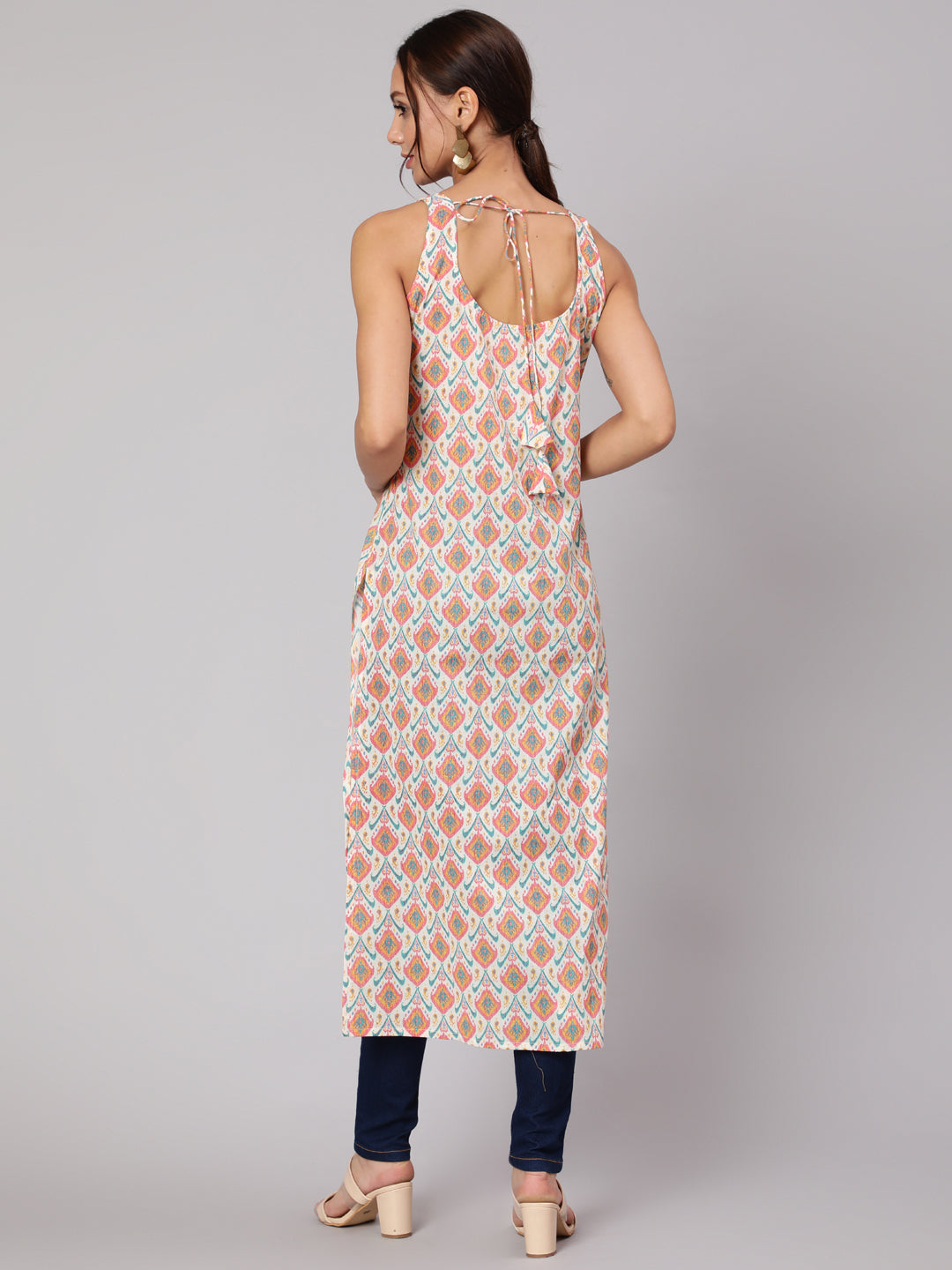 Women Multi Geometric Printed Straight Sleeveless Kurta With V-Neck | LASVINI - Redefining Indian Fashion with Elegance