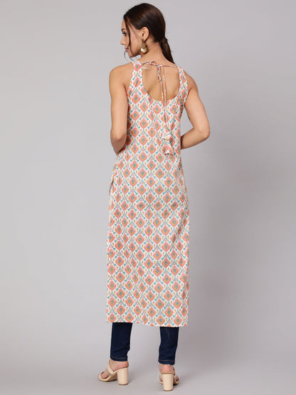 Women Multi Geometric Printed Straight Sleeveless Kurta With V-Neck | LASVINI - Redefining Indian Fashion with Elegance