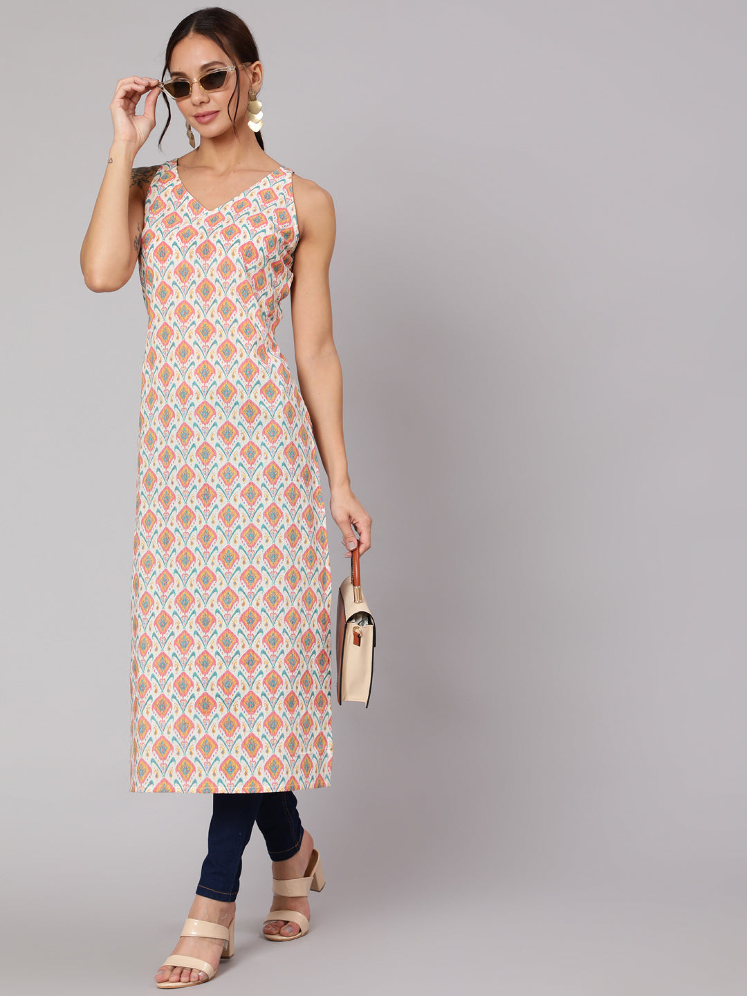 Women Multi Geometric Printed Straight Sleeveless Kurta With V-Neck | LASVINI - Redefining Indian Fashion with Elegance