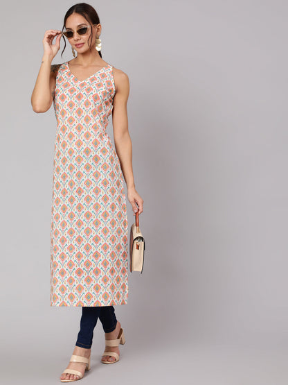 Women Multi Geometric Printed Straight Sleeveless Kurta With V-Neck | LASVINI - Redefining Indian Fashion with Elegance