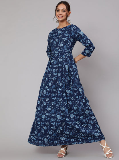 Women Blue Floral Printed Flared Dress With Three Quarter Sleeves | LASVINI - Redefining Indian Fashion with Elegance
