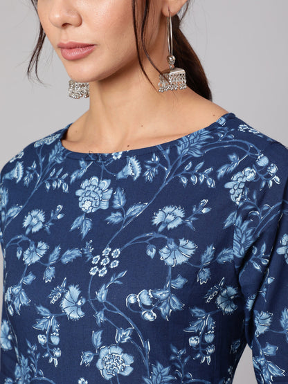 Women Blue Floral Printed Flared Dress With Three Quarter Sleeves | LASVINI - Redefining Indian Fashion with Elegance