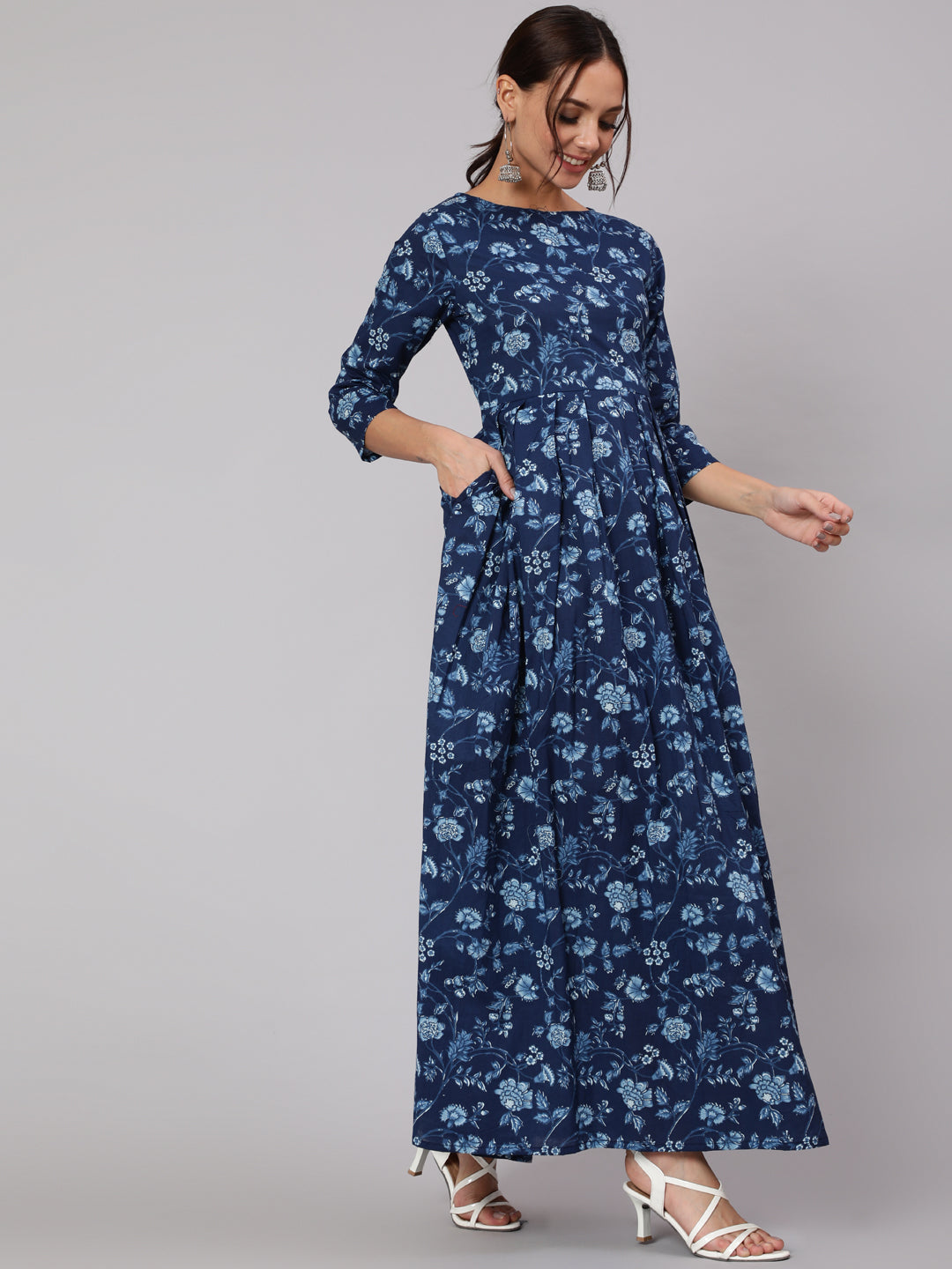 Women Blue Floral Printed Flared Dress With Three Quarter Sleeves | LASVINI - Redefining Indian Fashion with Elegance