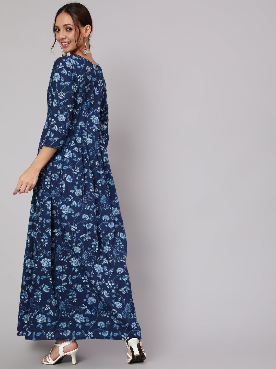 Women Blue Floral Printed Flared Dress With Three Quarter Sleeves | LASVINI - Redefining Indian Fashion with Elegance