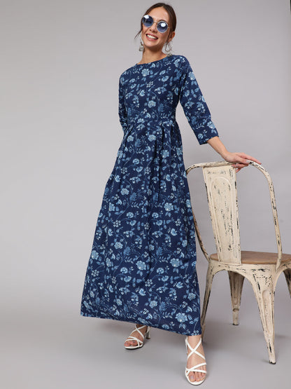 Women Blue Floral Printed Flared Dress With Three Quarter Sleeves | LASVINI - Redefining Indian Fashion with Elegance