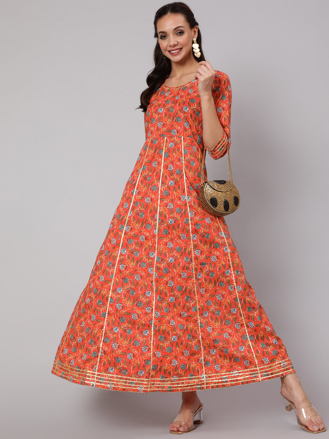 Women Orange Floral Printed Flared Dress With Three Quarter Sleeves | LASVINI - Redefining Indian Fashion with Elegance