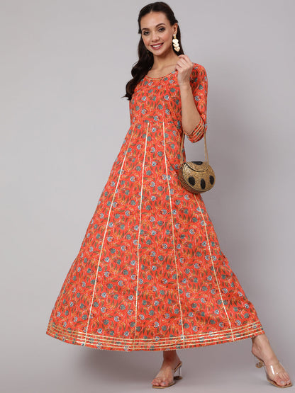 Women Orange Floral Printed Flared Dress With Three Quarter Sleeves | LASVINI - Redefining Indian Fashion with Elegance