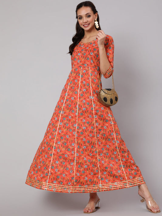Women Orange Floral Printed Flared Dress With Three Quarter Sleeves | LASVINI - Redefining Indian Fashion with Elegance