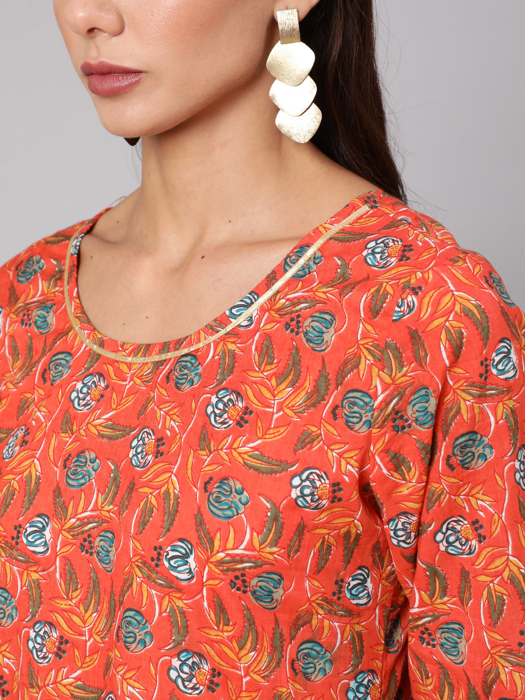 Women Orange Floral Printed Flared Dress With Three Quarter Sleeves | LASVINI - Redefining Indian Fashion with Elegance