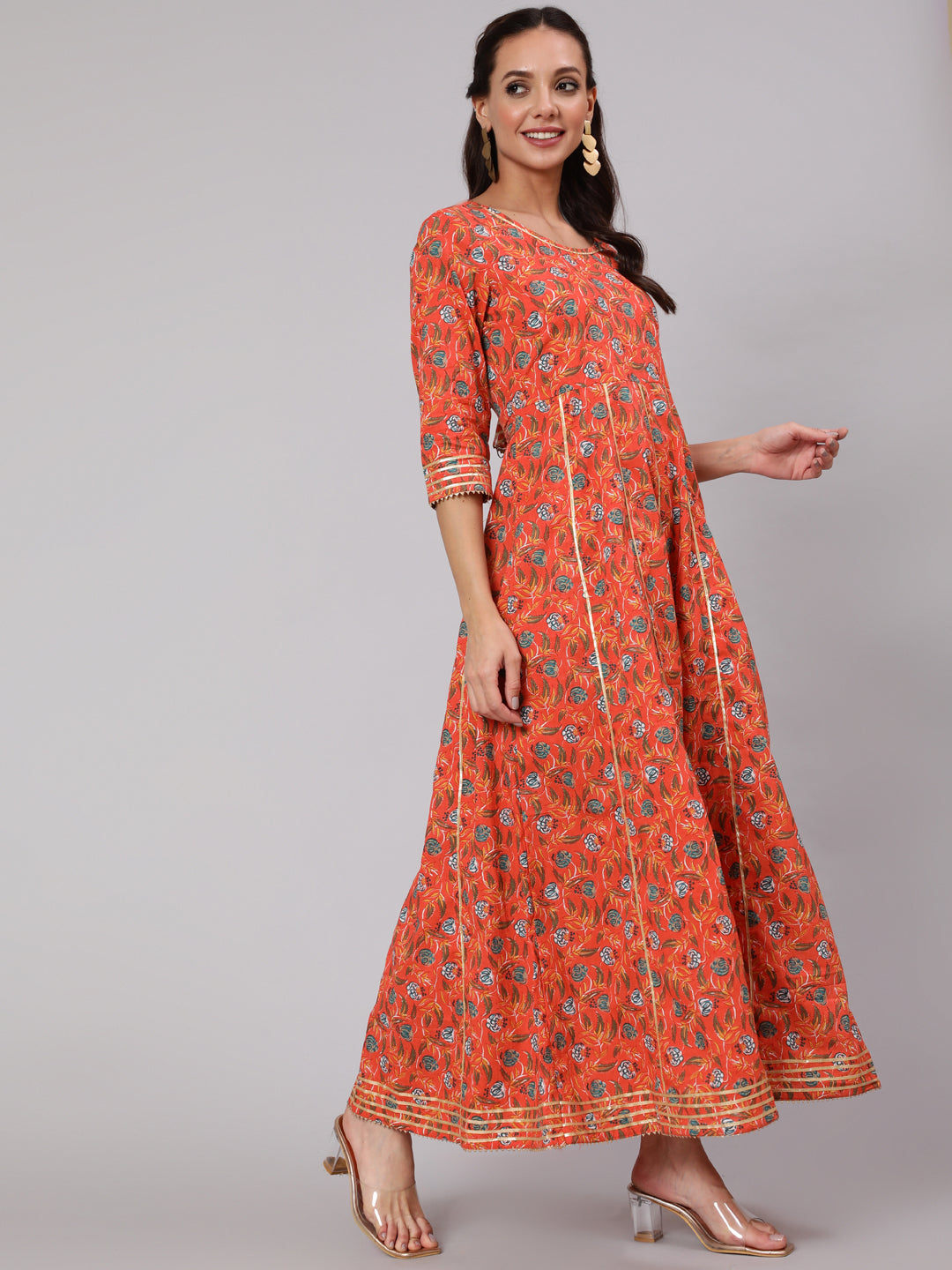 Women Orange Floral Printed Flared Dress With Three Quarter Sleeves | LASVINI - Redefining Indian Fashion with Elegance