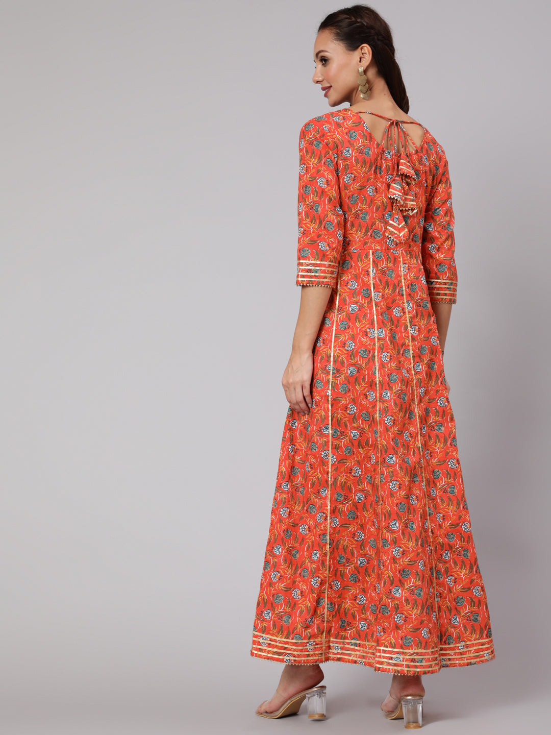 Women Orange Floral Printed Flared Dress With Three Quarter Sleeves | LASVINI - Redefining Indian Fashion with Elegance