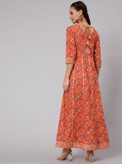 Women Orange Floral Printed Flared Dress With Three Quarter Sleeves | LASVINI - Redefining Indian Fashion with Elegance
