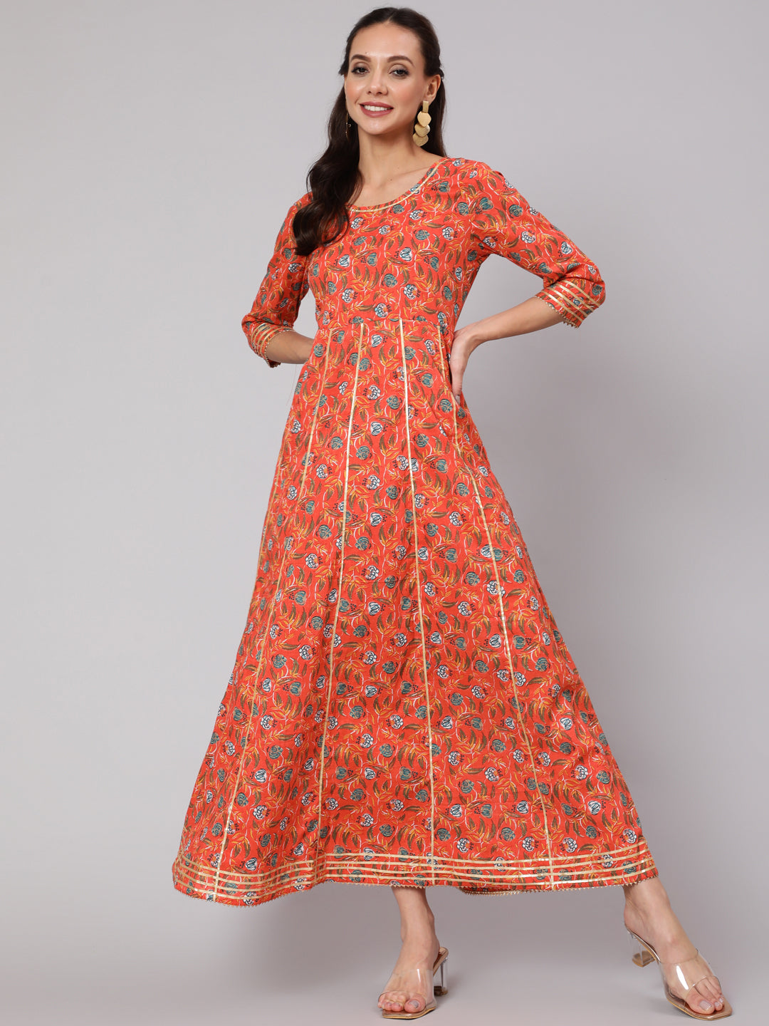 Women Orange Floral Printed Flared Dress With Three Quarter Sleeves | LASVINI - Redefining Indian Fashion with Elegance