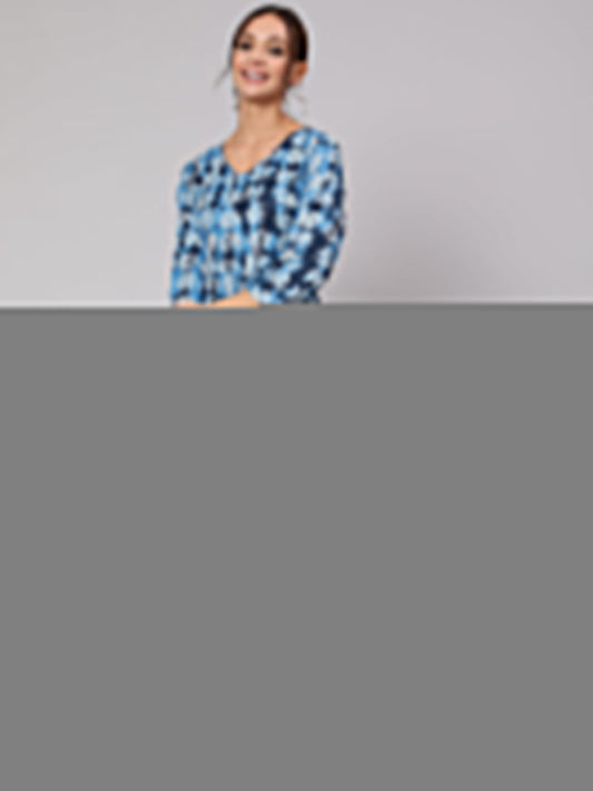Women Blue Abstrac Printed Gathered Dress With Three Quarter Sleeves | LASVINI - Redefining Indian Fashion with Elegance