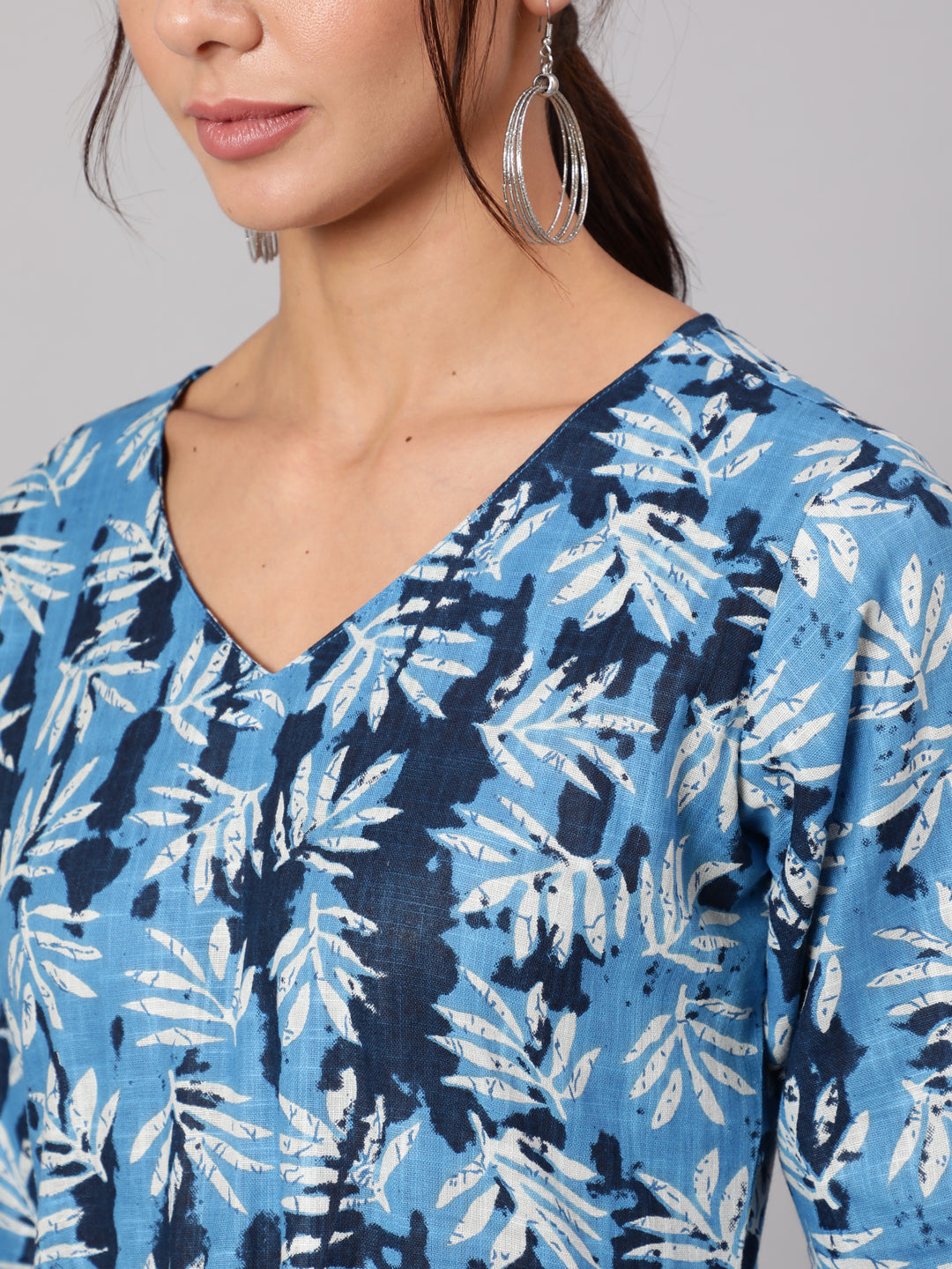 Women Blue Abstrac Printed Gathered Dress With Three Quarter Sleeves | LASVINI - Redefining Indian Fashion with Elegance