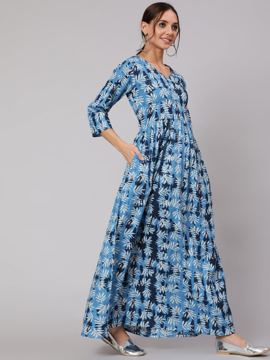 Women Blue Abstrac Printed Gathered Dress With Three Quarter Sleeves | LASVINI - Redefining Indian Fashion with Elegance