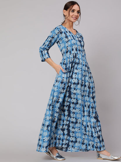 Women Blue Abstrac Printed Gathered Dress With Three Quarter Sleeves | LASVINI - Redefining Indian Fashion with Elegance