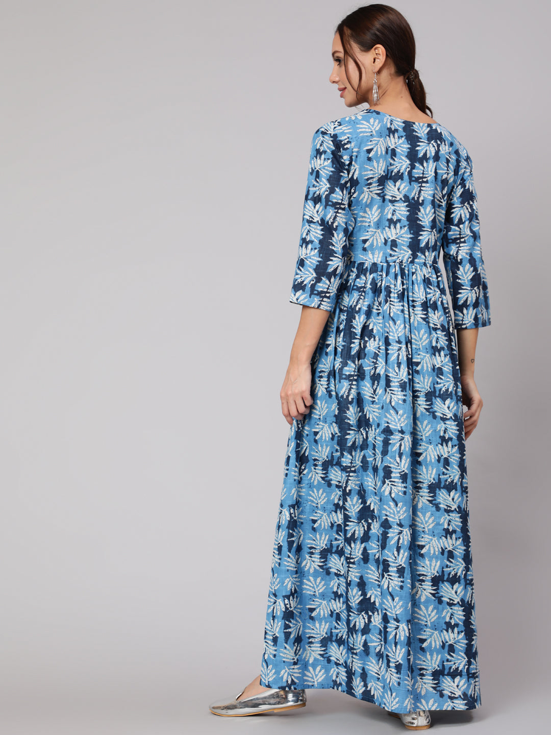 Women Blue Abstrac Printed Gathered Dress With Three Quarter Sleeves | LASVINI - Redefining Indian Fashion with Elegance